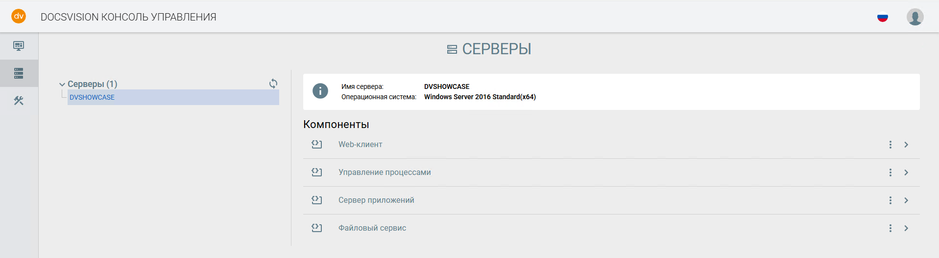 Интерфейс web-консоли со списком модулей платформы для настройки через Консоль управления Docsvision 6.1