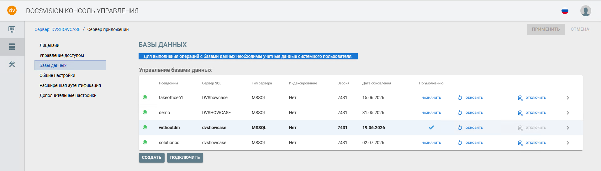 Интерфейс Консоли управления Docsvision 6.1 с демонстрацией раздела для обновления баз данных СЭД