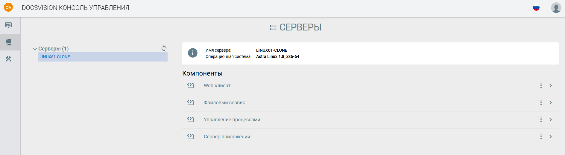 Скриншот web-консоли управления Docsvision со списком компонентов платформы электронного документооборота